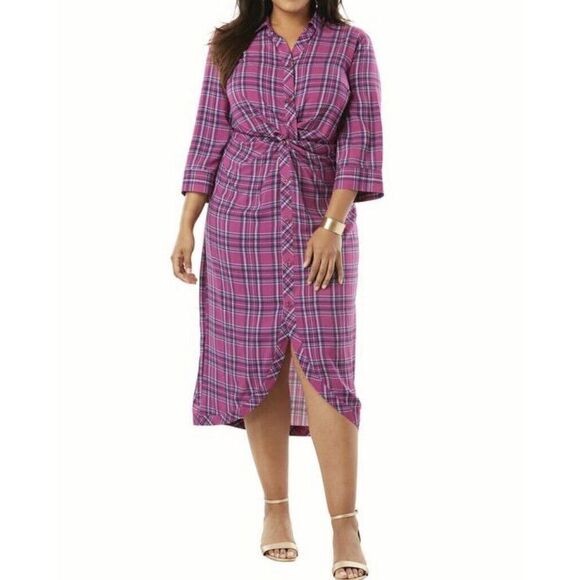 ROAMANS Shirt Dress Womens 14W Plaid Knot-Front NEW Lightweight Button Purple - Picture 1 of 9